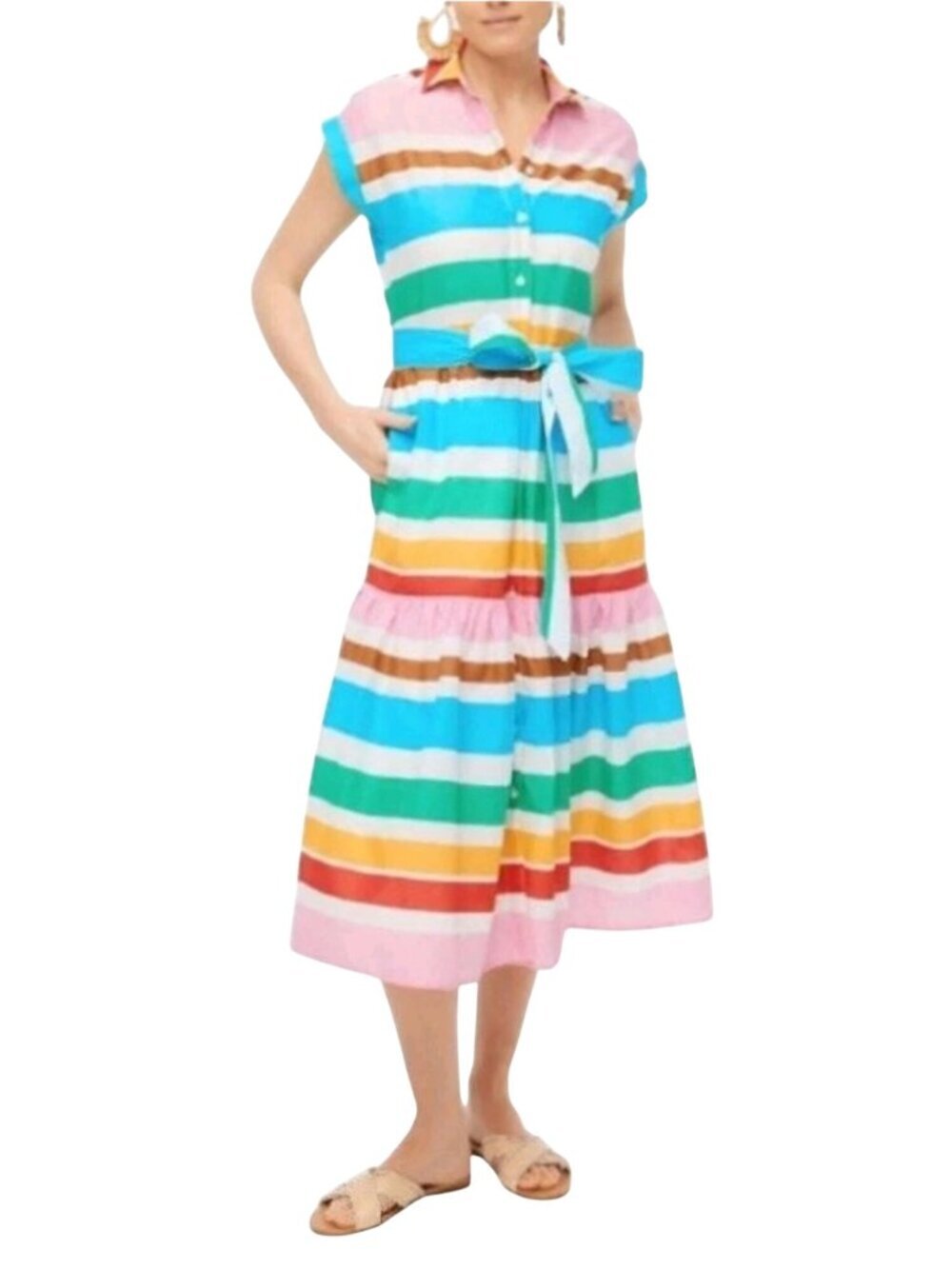 J.Crew Maxi Collared Shirt Dress Rainbow Stripe Tiered Pockets 2022 Size 8